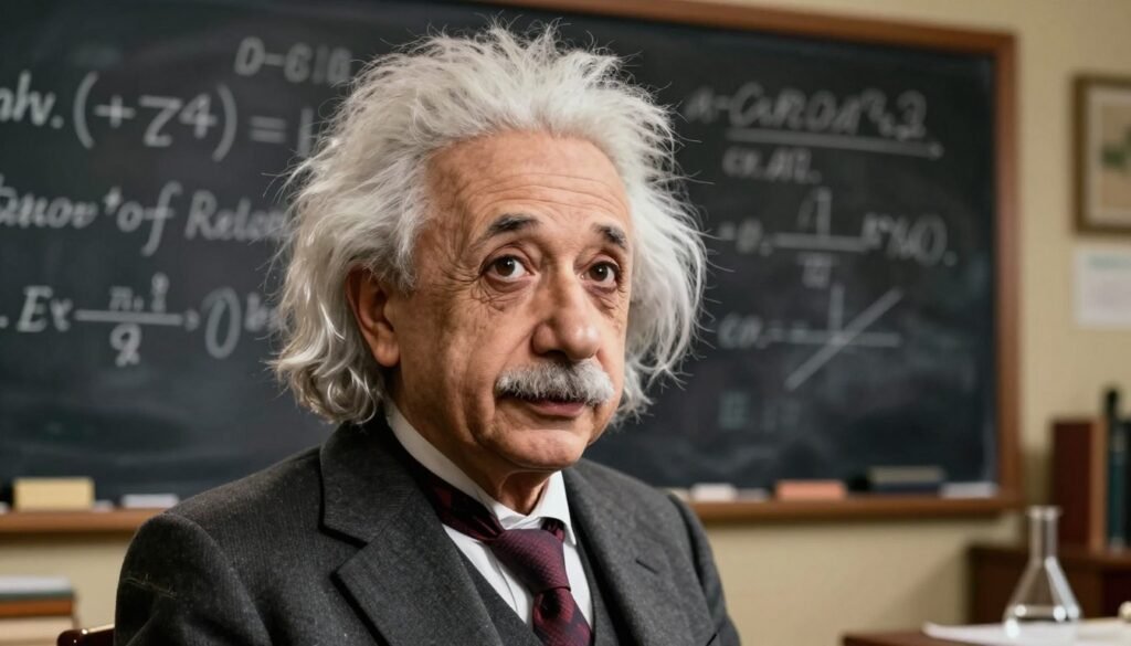 A highly detailed portrait of Albert Einstein, showcasing his distinct wild hair and thoughtful expression. He is dressed in a formal suit, with a tie, embodying his professional demeanor. In the foreground, focus on his intelligent gaze and slightly upward tilt of his head as if pondering the universe. The middle ground features a chalkboard covered in complex equations related to the Theory of Relativity, representing his groundbreaking work. The background reveals a softly lit study filled with books and scientific instruments, creating an intellectual atmosphere. Use warm, inviting lighting to enhance the friendly mood, captured from a slightly elevated perspective for depth. The overall image should feel vibrant and engaging, showcasing Einstein's genius. Brand name: Debsie.