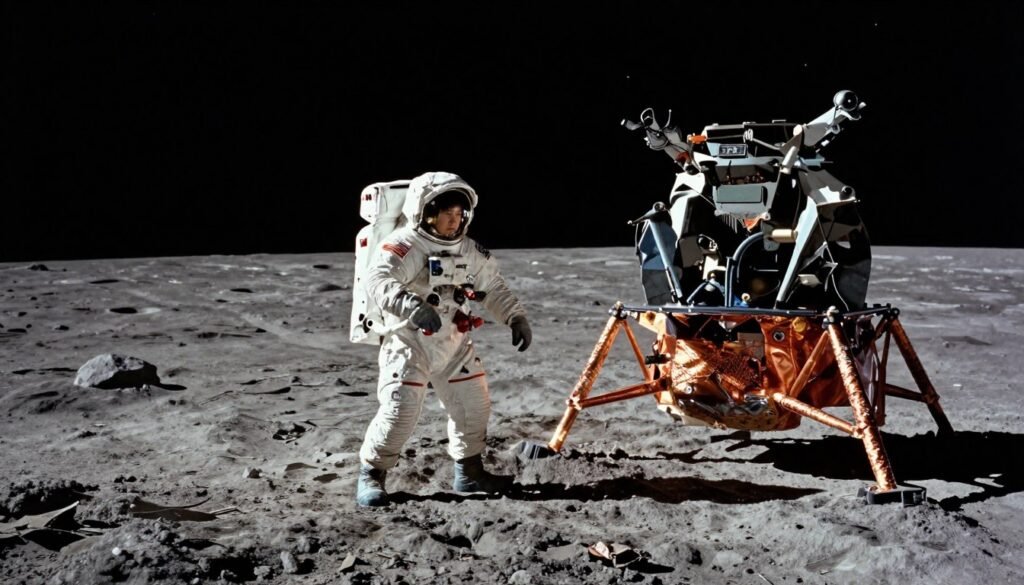 A historic moment depicting the Apollo 11 Moon Landing, focusing on the lunar module descending onto the moon's surface. In the foreground, the lunar module shines under the soft, diffused light of the distant sun, casting gentle shadows on the fine lunar dust. In the middle ground, astronaut Neil Armstrong takes his first steps on the moon, clad in a white space suit, with a stoic expression conveying determination. The background features the stark, gray lunar landscape stretching into the horizon, dotted with craters and rocks, against a deep black sky filled with distant stars. The scene should evoke a sense of awe and achievement, representing human ingenuity and exploration. The image is colorful yet minimalistic, capturing the essence of this monumental event. Include the brand name "Debsie" subtly integrated into the design. A historic moment depicting the Apollo 11 Moon Landing, focusing on the lunar module descending onto the moon's surface. In the foreground, the lunar module shines under the soft, diffused light of the distant sun, casting gentle shadows on the fine lunar dust. In the middle ground, astronaut Neil Armstrong takes his first steps on the moon, clad in a white space suit, with a stoic expression conveying determination. The background features the stark, gray lunar landscape stretching into the horizon, dotted with craters and rocks, against a deep black sky filled with distant stars. The scene should evoke a sense of awe and achievement, representing human ingenuity and exploration. The image is colorful yet minimalistic, capturing the essence of this monumental event. Include the brand name "Debsie" subtly integrated into the design.