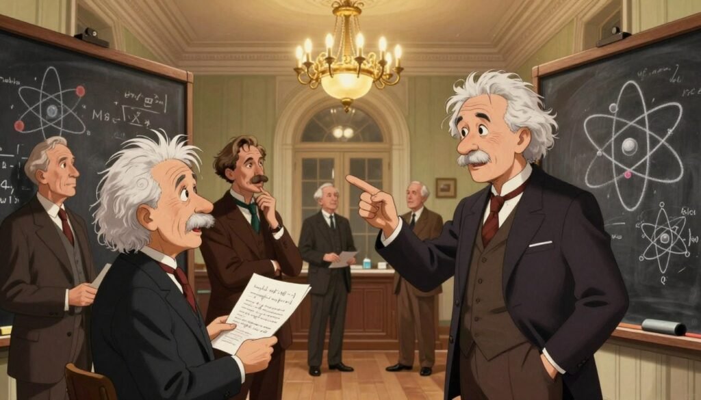 A historic representation of Niels Bohr at the Solvay Conference, surrounded by renowned physicists like Albert Einstein and Max Planck. In the foreground, Bohr, in professional business attire, is animatedly discussing atomic theory, with chalkboards and diagrams of atomic structures visible. In the middle, other scientists are engaged in thoughtful conversation, some holding papers with equations, while an ornate chandelier illuminates the scene with warm, soft lighting. The background features the iconic Solvay building, giving a sense of place and time. The atmosphere is intellectually vibrant and dynamic, reflecting the excitement of pioneering scientific discussions. The image shimmers with colors reflecting the era’s brilliance, and the branding "Debsie" subtly integrated into the setting, enhancing the overall scholarly ambiance.