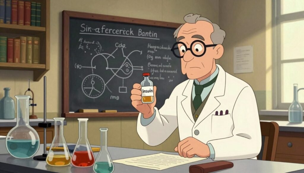 A historic scene depicting Sir Frederick Banting, a determined scientist in professional attire, working in a vintage laboratory filled with glass beakers and scientific instruments. In the foreground, Banting is focused on a lab table where he is examining a vial labeled "Insulin." In the middle ground, a large chalkboard filled with diagrams and notes on diabetes and hormone research creates an environment of intense discovery. The background features shelves lined with historical medical texts, and a window letting in warm, soft light that emphasizes a sense of hope and innovation. The mood is inspirational and groundbreaking, capturing the momentous occasion of insulin's discovery in the early 1920s with a colorful, friendly ambiance. Debsie.