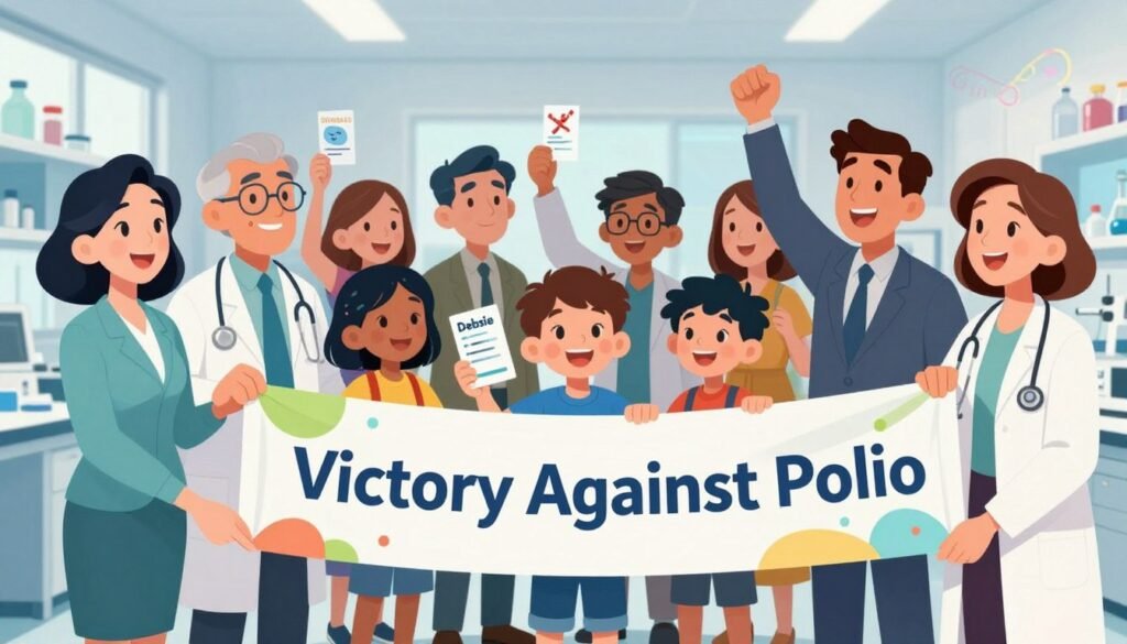A historic scene depicting the triumph of the polio vaccine. In the foreground, diverse medical scientists, including men and women in professional business attire, celebrate with joy as they unveil a large, colorful banner reading "Victory Against Polio". In the middle ground, children, smiling and holding vaccination cards, represent hope and resilience. The background features a bright, modern laboratory filled with scientific equipment and images of the human genome. Soft, natural lighting illuminates the scene, creating an uplifting atmosphere. A shallow depth of field focuses on the joyful expressions of the scientists and children, emphasizing their achievement. The image embodies a spirit of collaboration, innovation, and healing, highlighted by the brand name "Debsie" integrated into the design of the banner.