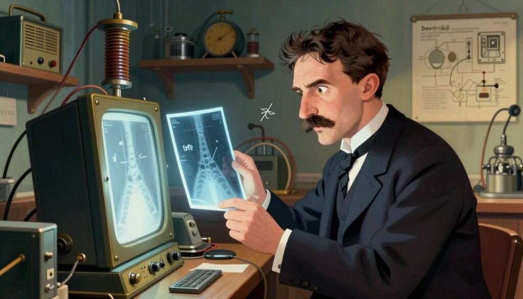A historical depiction of Nikola Tesla in a laboratory setting, surrounded by early X-ray technology apparatus and radio equipment. In the foreground, Tesla, dressed in a formal suit, examines a glowing X-ray image displayed on a vintage screen, his expression a mix of concentration and curiosity. In the middle, various symbols of innovation, like coils and wires, evoke Tesla's groundbreaking work. The background features shelves filled with scientific instruments and diagrams. The scene is illuminated with warm, vintage lighting to create an inspiring and nostalgic atmosphere. Use a slightly tilted angle to enhance the sense of dynamism and creativity. Render the image in a colorful palette, emphasizing blue and gold tones to highlight innovation, ensuring it reflects the essence of "Debsie." A historical depiction of Nikola Tesla in a laboratory setting, surrounded by early X-ray technology apparatus and radio equipment. In the foreground, Tesla, dressed in a formal suit, examines a glowing X-ray image displayed on a vintage screen, his expression a mix of concentration and curiosity. In the middle, various symbols of innovation, like coils and wires, evoke Tesla's groundbreaking work. The background features shelves filled with scientific instruments and diagrams. The scene is illuminated with warm, vintage lighting to create an inspiring and nostalgic atmosphere. Use a slightly tilted angle to enhance the sense of dynamism and creativity. Render the image in a colorful palette, emphasizing blue and gold tones to highlight innovation, ensuring it reflects the essence of "Debsie."
