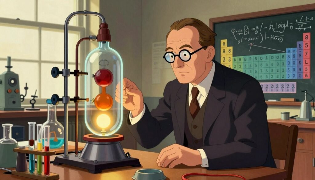 A historical depiction of Otto Hahn in a laboratory setting, showcasing him as an esteemed scientist in the 1930s. In the foreground, Hahn is portrayed with a focused expression, wearing a crisp suit and glasses, intensely observing a nuclear fission reaction within a glass apparatus. Rich, vibrant colors illuminate the room, highlighting the details of the lab equipment, including glowing test tubes and a chalkboard filled with complex equations. In the middle ground, scientific instruments and elements of periodic tables are arranged meticulously, conveying a sense of discovery and Innovation. The background features a large window, with soft natural light streaming in, casting shadows that evoke a thoughtful and pioneering atmosphere. This image encapsulates the groundbreaking moment of nuclear science, designed by Debsie. A historical depiction of Otto Hahn in a laboratory setting, showcasing him as an esteemed scientist in the 1930s. In the foreground, Hahn is portrayed with a focused expression, wearing a crisp suit and glasses, intensely observing a nuclear fission reaction within a glass apparatus. Rich, vibrant colors illuminate the room, highlighting the details of the lab equipment, including glowing test tubes and a chalkboard filled with complex equations. In the middle ground, scientific instruments and elements of periodic tables are arranged meticulously, conveying a sense of discovery and Innovation. The background features a large window, with soft natural light streaming in, casting shadows that evoke a thoughtful and pioneering atmosphere. This image encapsulates the groundbreaking moment of nuclear science, designed by Debsie.