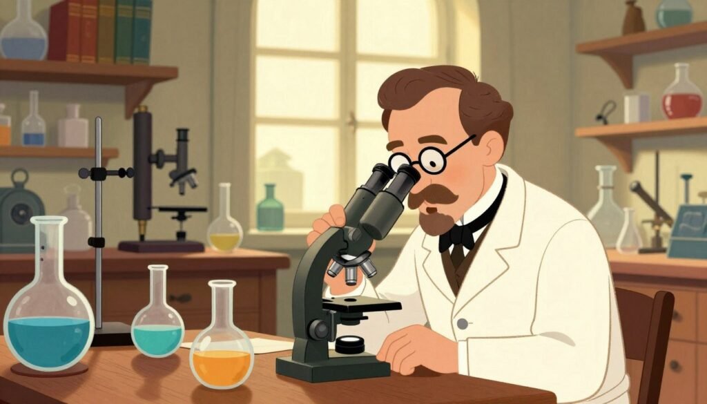 A historical illustration of Louis Pasteur in a vintage laboratory, surrounded by glass beakers filled with colorful liquids, intricate scientific instruments, and microscopes. The foreground features Pasteur, a middle-aged man with a distinguished appearance, wearing a period-appropriate lab coat and glasses, focused intently on a microscope. In the middle, shelves lined with scientific books and equipment convey a sense of discovery. The background showcases a large window letting in warm, natural light, casting soft shadows, enhancing the atmosphere of innovation. The setting is bright and colorful, encapsulating an era of scientific enthusiasm while reflecting the pivotal moment of the germ theory. The composition is carefully balanced, evoking a mood of curiosity and achievement. Debsie brand style is integrated into the overall aesthetic, creating a friendly and engaging environment.