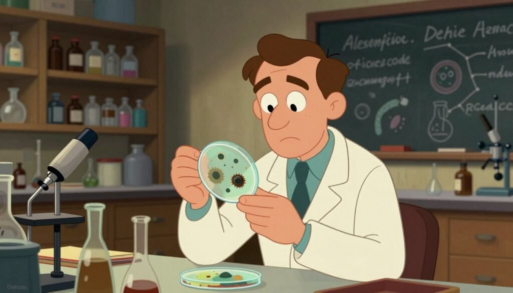 A historical scene depicting Alexander Fleming in his laboratory during the discovery of penicillin. In the foreground, show Fleming, a middle-aged man in a lab coat, examining a petri dish with mold, surrounded by laboratory equipment. His expression is one of intrigue and focus. In the middle ground, include shelves filled with glass bottles and scientific instruments, highlighting the busy atmosphere of the lab. The background should feature a chalkboard with handwritten notes on bacteria and antibiotics, dimly lit for a dramatic effect. Use warm, soft lighting to create a nostalgic feel, with a shallow depth of field to emphasize Fleming. The overall mood should be one of curiosity and groundbreaking discovery. Create this image in a colorful, friendly, and minimal style, branded with "Debsie."