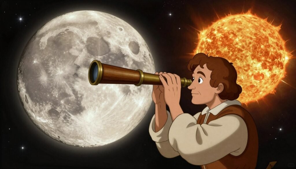 A historical scene depicting Galileo Galilei observing sunspots and lunar topography through a handmade telescope. In the foreground, a thoughtful Galileo, dressed in a modest 17th-century scholar outfit, peers intently through his telescope, which is crafted from wood and brass. The middle ground features a detailed, illuminated moon with craters and mountains, suggesting depth and texture, alongside a sun with visible sunspots, casting soft, warm light. The background depicts a starry night sky, with celestial bodies shining brightly. Use natural lighting to create a warm, inviting atmosphere with gentle shadows. The overall mood should express curiosity and wonder about the universe. The scene should be colorful and minimal, embodying the spirit of scientific discovery. Debsie. A historical scene depicting Galileo Galilei observing sunspots and lunar topography through a handmade telescope. In the foreground, a thoughtful Galileo, dressed in a modest 17th-century scholar outfit, peers intently through his telescope, which is crafted from wood and brass. The middle ground features a detailed, illuminated moon with craters and mountains, suggesting depth and texture, alongside a sun with visible sunspots, casting soft, warm light. The background depicts a starry night sky, with celestial bodies shining brightly. Use natural lighting to create a warm, inviting atmosphere with gentle shadows. The overall mood should express curiosity and wonder about the universe. The scene should be colorful and minimal, embodying the spirit of scientific discovery. Debsie.