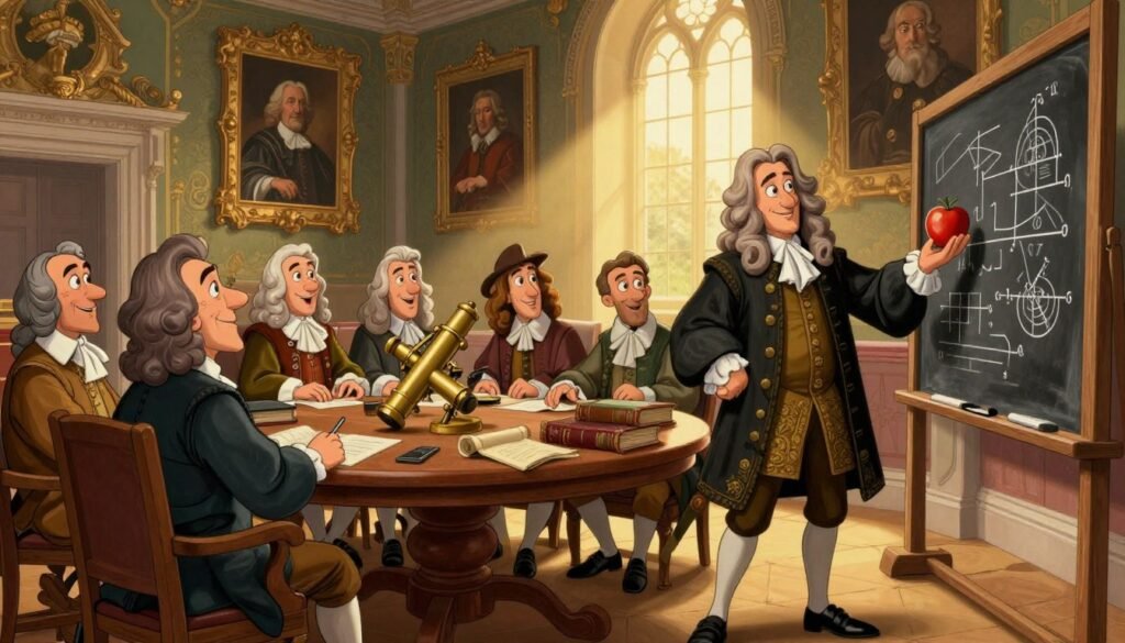A historical scene depicting Isaac Newton in a grand room of the Royal Society, surrounded by fellow scientists engaged in lively discussion. In the foreground, Newton, dressed in 17th-century professional attire, holds an apple symbolizing gravity while gesturing towards a chalkboard filled with scientific diagrams. The middle area showcases a round table with closed books, telescopes, and scrolls, signifying collaboration and discovery. The background features ornate walls with portraits of other scientific leaders and large windows allowing warm, golden light to illuminate the scene, creating an inspiring atmosphere. The image should be colorful and friendly, reflecting the spirit of scientific inquiry. Composition should be slightly tilted for a dynamic perspective, emphasizing the importance of leadership in advancing knowledge. This artwork is created for Debsie. A historical scene depicting Isaac Newton in a grand room of the Royal Society, surrounded by fellow scientists engaged in lively discussion. In the foreground, Newton, dressed in 17th-century professional attire, holds an apple symbolizing gravity while gesturing towards a chalkboard filled with scientific diagrams. The middle area showcases a round table with closed books, telescopes, and scrolls, signifying collaboration and discovery. The background features ornate walls with portraits of other scientific leaders and large windows allowing warm, golden light to illuminate the scene, creating an inspiring atmosphere. The image should be colorful and friendly, reflecting the spirit of scientific inquiry. Composition should be slightly tilted for a dynamic perspective, emphasizing the importance of leadership in advancing knowledge. This artwork is created for Debsie.