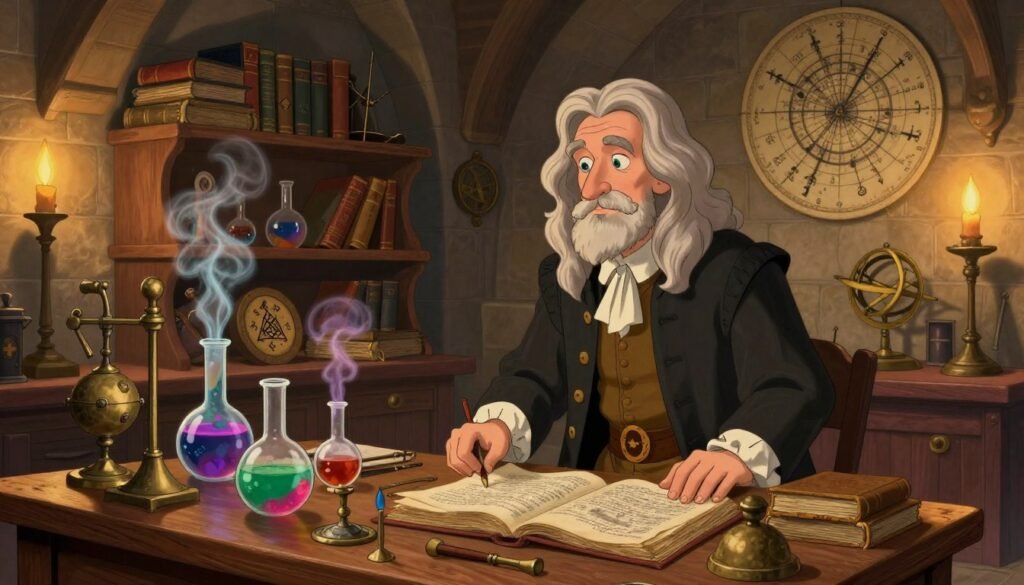 A historical scene depicting Isaac Newton in a richly detailed alchemical laboratory. In the foreground, an elderly Newton, dressed in modest, period-appropriate attire, stands thoughtfully over a wooden table cluttered with glass vials, ancient texts, and strange metallic instruments. The middle ground features shelves filled with aged books, arcane symbols, and bubbling flasks emitting wisps of colorful steam. The background showcases stone walls adorned with astrological charts and astronomical instruments, illuminated by warm candlelight casting soft shadows. A sense of curiosity and mystique envelops the scene, reflecting Newton's deep interest in alchemy and the esoteric. The ambiance is inviting yet enigmatic, emphasizing his dual pursuit of science and the occult. Use vibrant colors to evoke a sense of wonder. Branding subtly with "Debsie". A historical scene depicting Isaac Newton in a richly detailed alchemical laboratory. In the foreground, an elderly Newton, dressed in modest, period-appropriate attire, stands thoughtfully over a wooden table cluttered with glass vials, ancient texts, and strange metallic instruments. The middle ground features shelves filled with aged books, arcane symbols, and bubbling flasks emitting wisps of colorful steam. The background showcases stone walls adorned with astrological charts and astronomical instruments, illuminated by warm candlelight casting soft shadows. A sense of curiosity and mystique envelops the scene, reflecting Newton's deep interest in alchemy and the esoteric. The ambiance is inviting yet enigmatic, emphasizing his dual pursuit of science and the occult. Use vibrant colors to evoke a sense of wonder. Branding subtly with "Debsie".