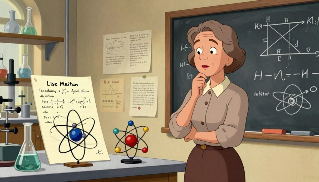 A historical scene depicting Lise Meitner, a pioneering physicist, in a laboratory setting that symbolizes her groundbreaking work on nuclear fission. In the foreground, Meitner, a middle-aged woman with short, wavy hair, wearing professional attire—such as a blouse and a skirt—stands thoughtfully beside a chalkboard filled with scientific equations and diagrams. In the middle ground, her mathematical notes are displayed alongside models of atoms and nuclear structures. The background features vintage laboratory equipment, including glass beakers and scientific papers, illuminated by warm, soft light creating an inviting atmosphere. The overall mood reflects curiosity and determination, portraying the essence of scientific discovery. Colorful elements enhance the image, and the branding "Debsie" is subtly incorporated into the design.