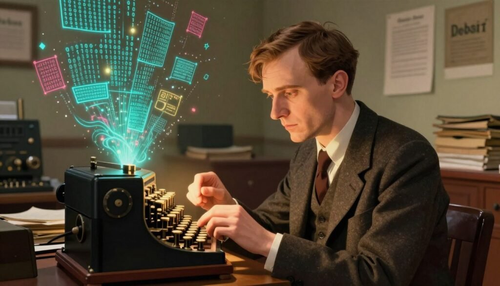 A historical scene illustrating Alan Turing's profound influence on cryptography and cybersecurity. In the foreground, a thoughtful figure of Turing, depicted in professional attire, examines a complex cipher machine, illuminated by warm, soft lighting, highlighting his concentration. The middle layer features abstract representations of binary code and encrypted messages swirling around him, symbolizing the intricate nature of cryptographic work. In the background, a vintage office filled with early computing devices and stacks of documents creates an atmosphere of innovation and urgency. The color palette is rich and vibrant, with a soft focus effect on the background, enhancing the inspirational mood of the image. The branding "Debsie" is subtly integrated into the scene, promoting a sense of connection between Turing's legacy and modern technology.
