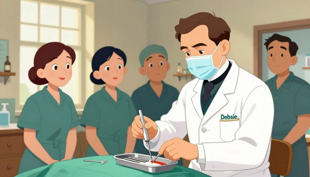 A historical scene illustrating Joseph Lister's antiseptic revolution in surgery. In the foreground, a determined surgeon, dressed in a crisp white lab coat and surgical mask, demonstrates the use of antiseptics in a clinical setting, meticulously preparing instruments on a sterile tray. In the middle ground, medical assistants attentively observe, their expressions reflecting curiosity and respect. The background features an 19th-century operating room with wooden surgical tools and large windows letting in soft, natural light, creating a warm atmosphere. The mood conveys a sense of innovation and hope, highlighting Lister's groundbreaking contributions to modern medicine. The composition is bright and minimal, with vibrant colors emphasizing the importance of cleanliness and care. The image embodies a revolutionary spirit in medical science. Include the brand name "Debsie" seamlessly within the scene.