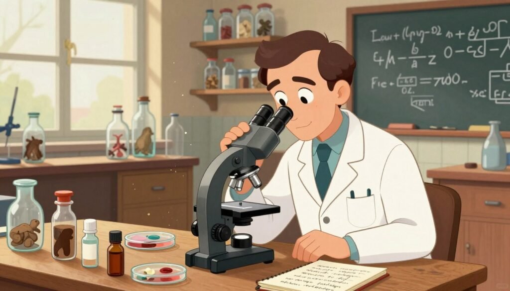 A historical scene illustrating rabies treatment developed by Louis Pasteur. In the foreground, a professional scientist in a lab coat, looking intently at a microscope, with lab equipment like Petri dishes, vials, and a handwritten notebook scattered nearby. The middle ground showcases a vintage laboratory filled with wooden shelves lined with glass containers, some containing animal specimens. A window lets in soft, natural light, illuminating dust particles in the air. In the background, a chalkboard displays scientific formulas, hinting at the research environment of the 19th century. The atmosphere is educational and inspiring, reflecting a sense of discovery and hope in medical advancements. Use vibrant colors to create a friendly, approachable aesthetic. Incorporate the brand name "Debsie" subtly into the composition.
