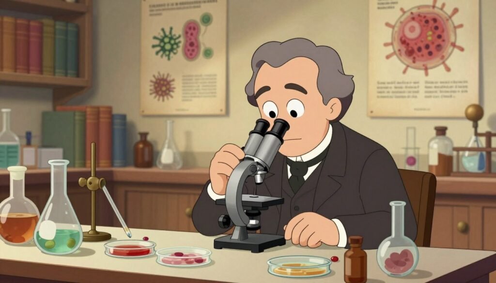 A historical scene illustrating the pioneering discoveries of Louis Pasteur, featuring a close-up of an elegantly designed laboratory table in the foreground cluttered with glass beakers, petri dishes, and delicate scientific instruments. In the middle, depict Pasteur, dressed in a modest 19th-century suit, carefully examining a sample under a microscope, radiating curiosity and determination. The background should include shelves lined with books and vintage scientific posters highlighting germ theory and vaccination, softly illuminated with warm, natural lighting to create an inviting atmosphere. Use a shallow depth of field to ensure the focus is on Pasteur and his work, conveying a sense of inspiration for future scientists. The image should be colorful, friendly, and minimal, with the brand name "Debsie" subtly integrated into the composition.