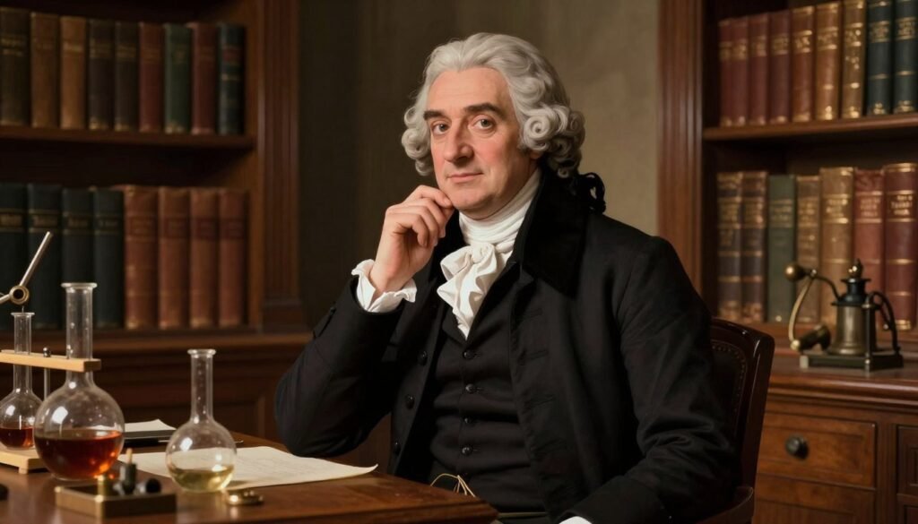 A historically accurate portrait of Antoine Lavoisier, depicted as a refined 18th-century French scientist. He is wearing a classic black tailcoat and white cravat, presenting a thoughtful expression. In the foreground, Lavoisier stands beside a wooden table cluttered with glass flasks and scientific instruments, symbolizing his contributions to modern chemistry. The middle ground features warm, soft lighting that highlights his face, creating an approachable yet intellectual atmosphere. In the background, a richly furnished study with bookshelves filled with leather-bound volumes hints at the era's scholarly pursuits. The scene conveys a sense of discovery and enlightenment. The overall mood is inspiring and respectful, reflecting Lavoisier's profound impact on science. Brand name "Debsie".