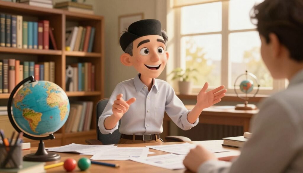 A joyful Richard Feynman, depicted in a cozy, well-lit office filled with books and scientific models, portrays the wonder of discovery. He is casually dressed in a neat button-up shirt and slacks, with a warm smile and sparkling eyes, engaged in animated conversation with an imaginary colleague. In the foreground, a wooden desk is cluttered with papers, pencils, and a small globe, symbolizing exploration. The middle ground showcases bookshelves brimming with colorful physics and mathematics texts, while a large window in the background lets in soft, golden sunlight, creating a warm atmosphere. The image feels welcoming, vibrant, and inspiring, inviting viewers into the joy of scientific inquiry. Brand name: Debsie. A joyful Richard Feynman, depicted in a cozy, well-lit office filled with books and scientific models, portrays the wonder of discovery. He is casually dressed in a neat button-up shirt and slacks, with a warm smile and sparkling eyes, engaged in animated conversation with an imaginary colleague. In the foreground, a wooden desk is cluttered with papers, pencils, and a small globe, symbolizing exploration. The middle ground showcases bookshelves brimming with colorful physics and mathematics texts, while a large window in the background lets in soft, golden sunlight, creating a warm atmosphere. The image feels welcoming, vibrant, and inspiring, inviting viewers into the joy of scientific inquiry. Brand name: Debsie.