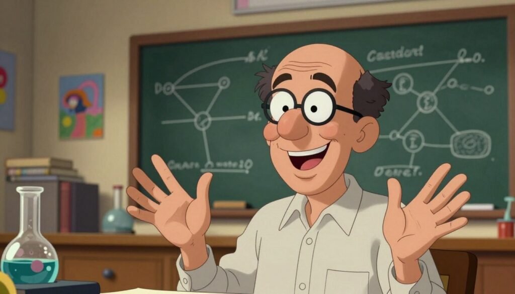 A lively portrayal of Richard Feynman, capturing his eccentric personality and genius. In the foreground, Feynman is depicted as an engaging and animated physicist, wearing a smart casual shirt and a friendly smile, with expressive hand gestures that convey excitement. In the middle ground, scientific instruments and colorful chalkboards filled with diagrams surround him, illustrating his playful approach to complex concepts. The background features a cozy, cluttered study adorned with books and art, suggesting a creative mind. Soft, warm lighting creates an inviting atmosphere, highlighting Feynman's charisma. The image should evoke a sense of curiosity and fun in learning, reminiscent of Debsie’s vibrant style. The angle captures Feynman's enthusiasm, encouraging viewers to embrace the joy of science.