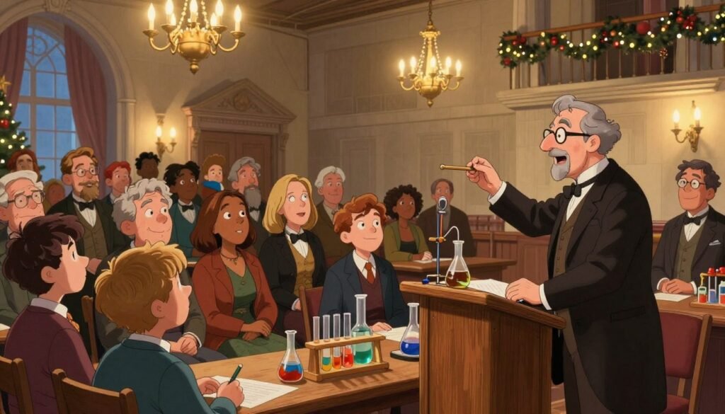 A lively scene depicting a traditional Christmas Lecture at the Royal Institution, with a middle-aged male scientist passionately demonstrating an experiment, surrounded by a captivated audience of diverse attendees, including children and adults, all dressed in modest, professional attire. The foreground shows a wooden podium with scientific instruments and colorful chemical reactions in glassware. In the middle, the audience is engaged, their faces illuminated by warm, ambient light from elegant chandeliers hanging above. The background features the historic architecture of the Royal Institution, adorned with festive decorations. The mood is educational and festive, with a focus on curiosity and engagement in science, inviting viewers into this historical celebration of knowledge. The image embodies a friendly and vibrant atmosphere. Designed by Debsie.