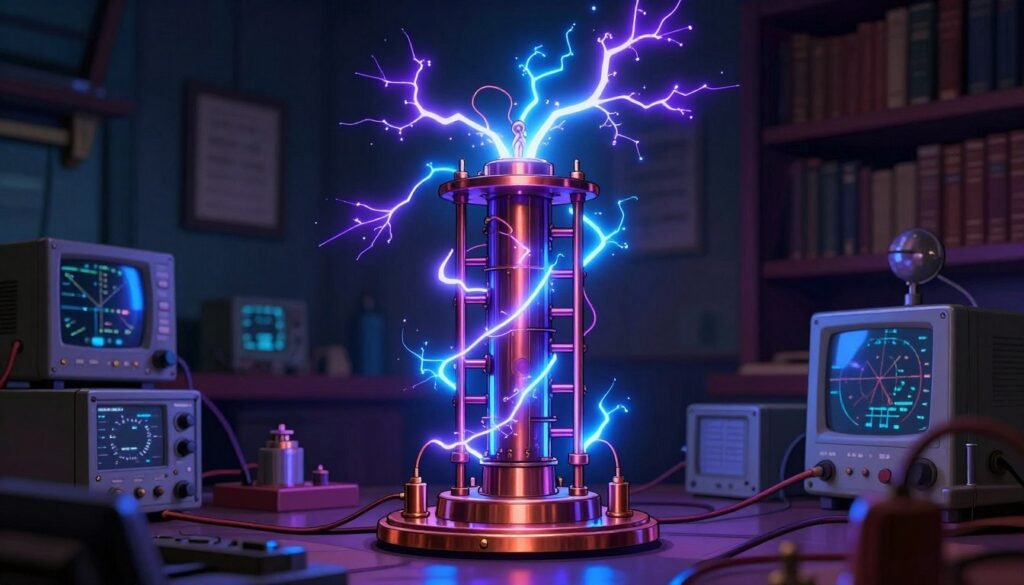 A luminous Tesla Coil stands prominently in the foreground, with arcs of electricity crackling in vibrant blues and purples. The intricate copper and metal structure glimmers under dramatic, low-angled lighting. Surrounding the coil, various high-frequency experiment equipment, such as oscilloscopes and induction coils, adds context. In the middle ground, a darkened laboratory is illuminated by the electric glow, creating a contrast that highlights the technology’s innovation. In the background, shadows of bookshelves filled with scientific texts hint at the era of discovery. The atmosphere is one of excitement and intellectual curiosity, evoking a sense of wonder about the power of electricity and the genius of Nikola Tesla. The image should be colorful, engaging, and minimal, capturing the essence of Tesla's groundbreaking work. Debsie. A luminous Tesla Coil stands prominently in the foreground, with arcs of electricity crackling in vibrant blues and purples. The intricate copper and metal structure glimmers under dramatic, low-angled lighting. Surrounding the coil, various high-frequency experiment equipment, such as oscilloscopes and induction coils, adds context. In the middle ground, a darkened laboratory is illuminated by the electric glow, creating a contrast that highlights the technology’s innovation. In the background, shadows of bookshelves filled with scientific texts hint at the era of discovery. The atmosphere is one of excitement and intellectual curiosity, evoking a sense of wonder about the power of electricity and the genius of Nikola Tesla. The image should be colorful, engaging, and minimal, capturing the essence of Tesla's groundbreaking work. Debsie.