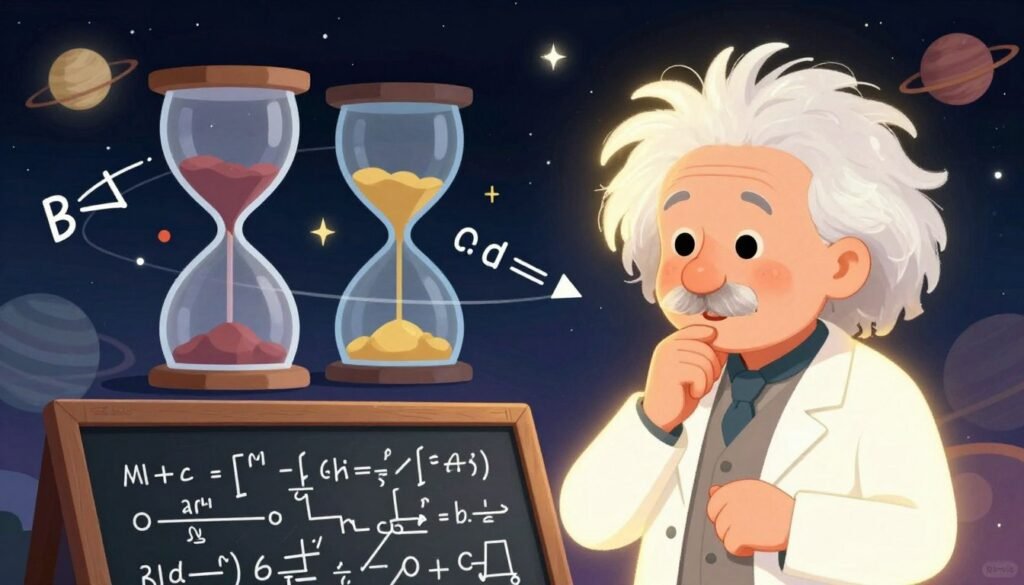 A luminous, stylized representation of Albert Einstein in a thoughtful pose, wearing a lab coat, surrounded by swirling mathematical equations symbolizing the Theory of Relativity. In the foreground, depict a chalkboard filled with complex formulas and diagrams. In the middle ground, incorporate a transparent hourglass to represent time dilation, with particles gracefully flowing to illustrate the bending of space-time. The background features a celestial scene with stars and planets, emphasizing the cosmic implications of Einstein's theories. Use soft, warm lighting to create an inviting atmosphere, and capture the image from a slightly elevated angle to offer a comprehensive view. The scene should be colorful, friendly, and minimal, branded subtly with "Debsie".