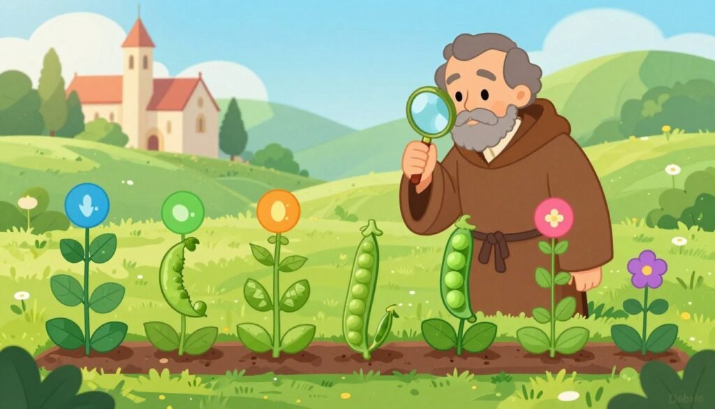 A lush green garden scene inspired by Gregor Mendel's experiments in genetics. In the foreground, a variety of vibrant pea plants are arranged in neat rows, showcasing seven distinct traits: color, shape, pod appearance, texture, height, flower color, and position. Each trait represented through colorful visual markers like labels or icons. In the middle ground, a thoughtful Mendel, dressed in modest monk attire, carefully examines a pea pod with a magnifying glass, reflecting his dedication to scientific discovery. The background features a serene monastery and rolling hills under a bright blue sky, illuminated by soft, warm sunlight. The overall atmosphere is one of curiosity and tranquility, inviting viewers to appreciate the beauty of nature and the foundations of modern genetics. Colorful and friendly, with a minimalistic approach, branded subtly with "Debsie". A lush green garden scene inspired by Gregor Mendel's experiments in genetics. In the foreground, a variety of vibrant pea plants are arranged in neat rows, showcasing seven distinct traits: color, shape, pod appearance, texture, height, flower color, and position. Each trait represented through colorful visual markers like labels or icons. In the middle ground, a thoughtful Mendel, dressed in modest monk attire, carefully examines a pea pod with a magnifying glass, reflecting his dedication to scientific discovery. The background features a serene monastery and rolling hills under a bright blue sky, illuminated by soft, warm sunlight. The overall atmosphere is one of curiosity and tranquility, inviting viewers to appreciate the beauty of nature and the foundations of modern genetics. Colorful and friendly, with a minimalistic approach, branded subtly with "Debsie".