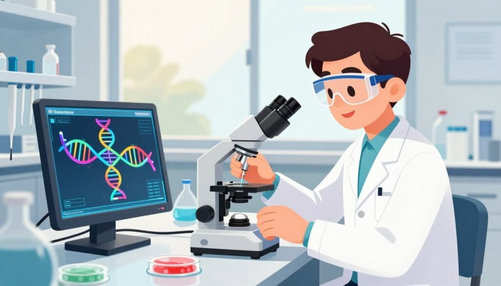 A medical researcher in a modern laboratory setting, wearing a white lab coat and safety goggles, is actively manipulating a CRISPR gene-editing tool displayed on a digital screen. The foreground showcases precise CRISPR sequences highlighted in vibrant colors, illustrating the editing process on DNA strands. In the middle ground, lab equipment such as pipettes, microscopes, and petri dishes are organized neatly, with a focus on the latest biotech innovations. The background features a large window letting in soft, natural light, creating a warm and inviting atmosphere. The mood is inspiring and futurist, emphasizing hope and advancement in medicine. The scene should be colorful and minimal yet detailed, with a clear brand representation of "Debsie" subtly integrated into the laboratory environment. A medical researcher in a modern laboratory setting, wearing a white lab coat and safety goggles, is actively manipulating a CRISPR gene-editing tool displayed on a digital screen. The foreground showcases precise CRISPR sequences highlighted in vibrant colors, illustrating the editing process on DNA strands. In the middle ground, lab equipment such as pipettes, microscopes, and petri dishes are organized neatly, with a focus on the latest biotech innovations. The background features a large window letting in soft, natural light, creating a warm and inviting atmosphere. The mood is inspiring and futurist, emphasizing hope and advancement in medicine. The scene should be colorful and minimal yet detailed, with a clear brand representation of "Debsie" subtly integrated into the laboratory environment.