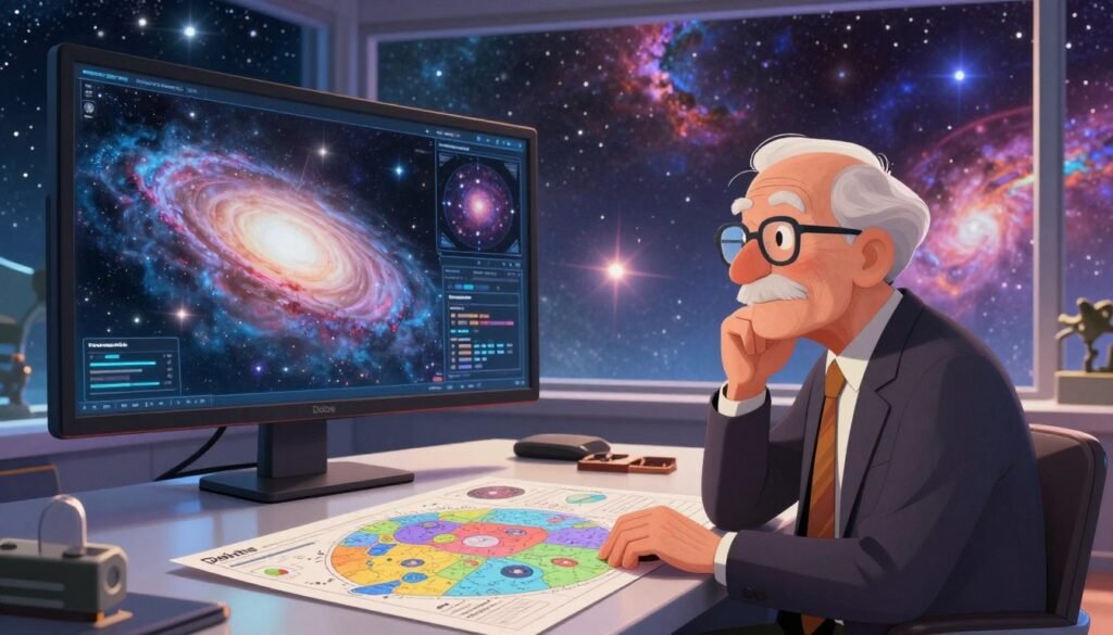 A mesmerizing depiction of James Peebles, an influential cosmologist, set against a stunning backdrop of the universe. In the foreground, a thoughtful elderly man in professional attire, wearing glasses, is examining intricate cosmic maps and charts on a sleek, modern desk. The middle ground features a large digital display showcasing detailed images of the universe, with swirling galaxies, nebulae, and star clusters vividly illuminated. In the background, a vast window reveals a breathtaking cosmic vista filled with vibrant stars and cosmic phenomena. The scene is bathed in soft, warm lighting, creating an atmosphere of discovery and exploration. The overall mood is one of curiosity and wonder, highlighting Peebles' contributions to understanding the universe. The image exudes a colorful and inviting essence, designed for the brand "Debsie." A mesmerizing depiction of James Peebles, an influential cosmologist, set against a stunning backdrop of the universe. In the foreground, a thoughtful elderly man in professional attire, wearing glasses, is examining intricate cosmic maps and charts on a sleek, modern desk. The middle ground features a large digital display showcasing detailed images of the universe, with swirling galaxies, nebulae, and star clusters vividly illuminated. In the background, a vast window reveals a breathtaking cosmic vista filled with vibrant stars and cosmic phenomena. The scene is bathed in soft, warm lighting, creating an atmosphere of discovery and exploration. The overall mood is one of curiosity and wonder, highlighting Peebles' contributions to understanding the universe. The image exudes a colorful and inviting essence, designed for the brand "Debsie."