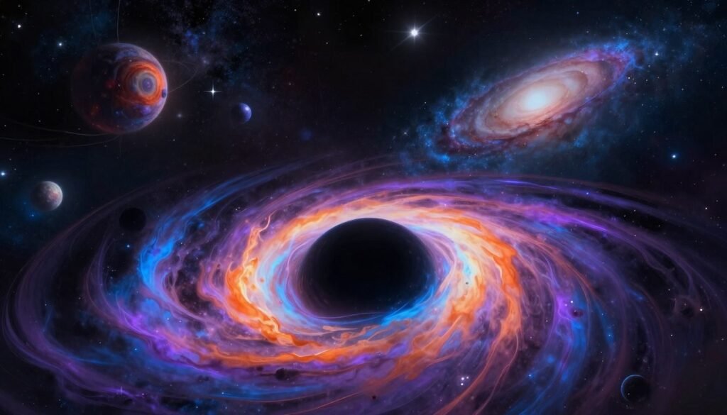 A mesmerizing depiction of black holes in the cosmos, highlighting their mysterious allure. In the foreground, a vivid black hole appears, surrounded by swirling accretion discs of luminous gas in vibrant shades of blue, purple, and orange. The middle ground features a cluster of stars and distant celestial bodies, softly illuminated against the dark expanse of space. In the background, a tapestry of galaxies glimmers, creating an ethereal depth. The scene is bathed in soft, cosmic lighting that enhances the colors while casting dynamic shadows, evoking a sense of wonder and intrigue. The atmosphere feels both scientific and enchanting, capturing the revolutionary essence of Stephen Hawking’s theory. The image is created by Debsie, ensuring a captivating visual experience.
