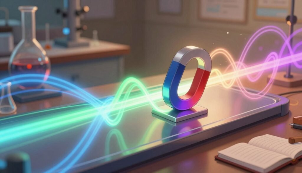 A mesmerizing depiction of the Faraday Effect, showcasing colorful light waves interacting with a magnetic field. In the foreground, swirling strands of light in vibrant hues of blue, green, and violet represent polarized light, gracefully bending as they pass through a transparent medium. The middle ground features a prominently displayed magnet surrounded by intricate, flowing lines that symbolize the magnetic field lines in dynamic motion. In the background, a softly blurred laboratory setting creates an atmosphere of scientific discovery, with faint outlines of glass apparatuses and notebooks. The scene is illuminated by warm, soft lighting, enhancing the mood of wonder and curiosity, reminiscent of a historic scientific breakthrough. This image represents the harmonious relationship between light and magnetism, designed by Debsie.