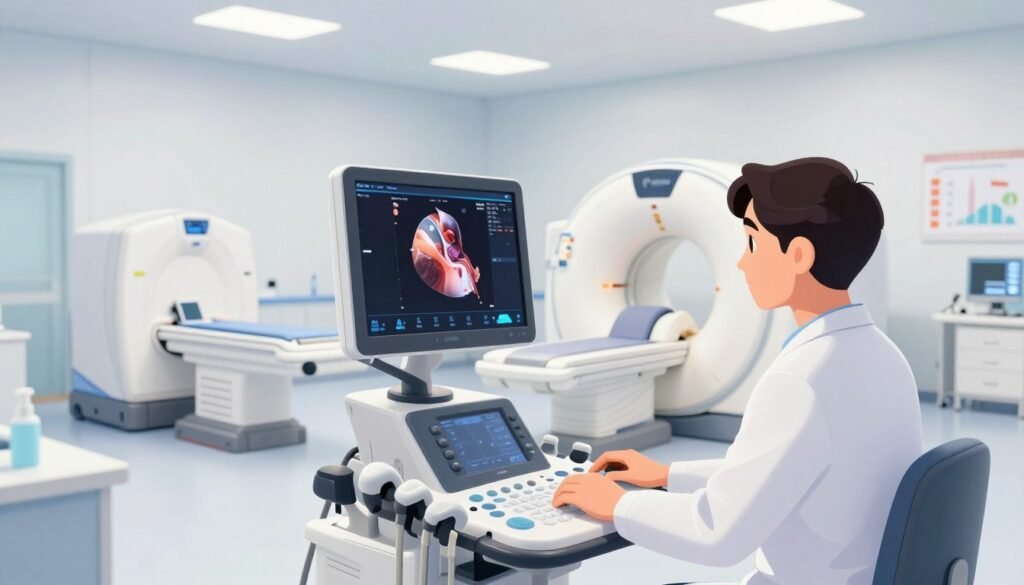 A modern diagnostic imaging lab featuring state-of-the-art technology. In the foreground, a sleek ultrasound machine with a large screen displaying colorful, detailed images of human anatomy. A medical professional in professional attire, focused on the screen, showcasing the human element in innovation. The middle of the scene includes various diagnostic imaging devices, such as an MRI machine and a CT scanner, elegantly arranged. The background shows a bright, clean lab environment with soft, diffused lighting enhancing the atmosphere of hope and precision in medical science. Subtle, colorful charts and graphs line the walls, conveying the advancement of technology. All elements combine to reflect innovation, professionalism, and the life-saving potential of diagnostic imaging. Debsie branding is subtly incorporated into the lab design.