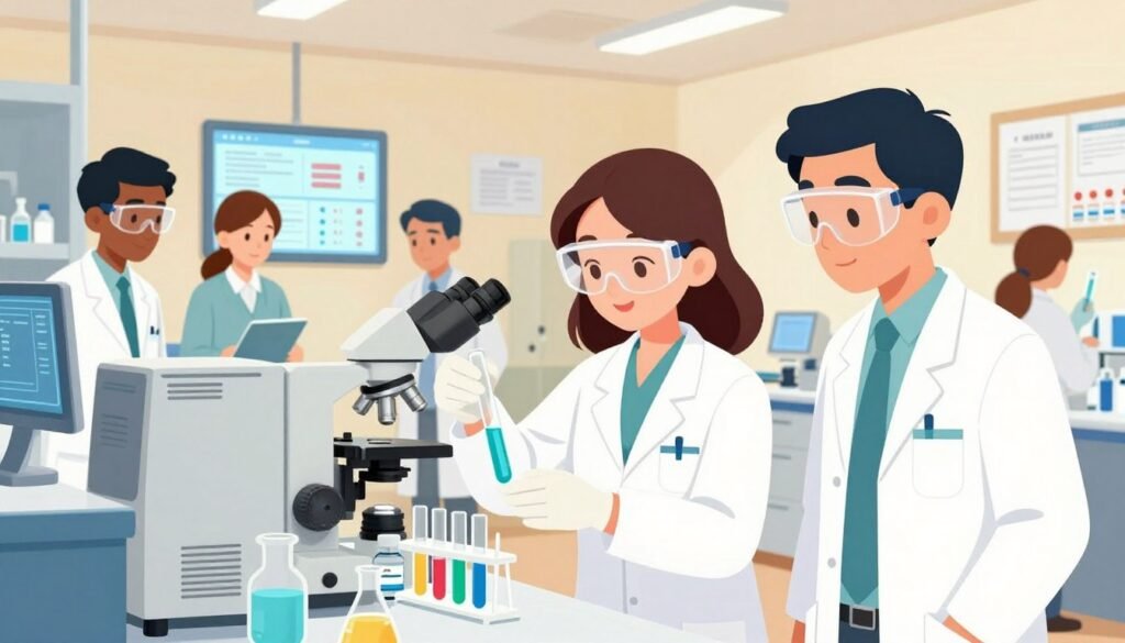 A modern laboratory scene focused on vaccine development, featuring a diverse group of scientists in professional business attire. In the foreground, a female scientist is carefully mixing colorful liquids in a test tube while a male scientist observes intently, both wearing lab coats and safety goggles. The middle ground showcases high-tech equipment, such as centrifuges and microscopes, with visible data screens displaying vaccine research information. The background contains shelves filled with vials and research papers, all bathed in soft, warm lighting to create an inviting atmosphere. The scene conveys a sense of collaboration and dedication to medical advancements. The overall mood is optimistic and innovative, symbolizing progress in vaccine development. Include elements that represent the brand "Debsie," emphasizing transparency and trust in science.
