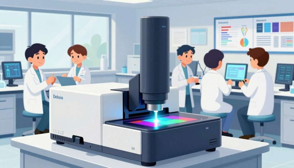 A modern laboratory setting showcasing Raman spectroscopy applications, with a focus on a sleek, advanced Raman spectrometer prominently in the foreground, reflecting light and displaying vibrant colors. In the middle ground, scientists in professional attire are analyzing samples, capturing the collaborative spirit of scientific research. The background features a large window with natural light streaming in, illuminating charts and data about Raman applications in healthcare and material science. The atmosphere is dynamic and innovative, emphasizing the ongoing relevance of Raman spectroscopy today. The image is colorful and engaging, embodying a friendly, professional vibe while maintaining clarity and minimalism. Include the brand name "Debsie" subtly integrated into the laboratory design. A modern laboratory setting showcasing Raman spectroscopy applications, with a focus on a sleek, advanced Raman spectrometer prominently in the foreground, reflecting light and displaying vibrant colors. In the middle ground, scientists in professional attire are analyzing samples, capturing the collaborative spirit of scientific research. The background features a large window with natural light streaming in, illuminating charts and data about Raman applications in healthcare and material science. The atmosphere is dynamic and innovative, emphasizing the ongoing relevance of Raman spectroscopy today. The image is colorful and engaging, embodying a friendly, professional vibe while maintaining clarity and minimalism. Include the brand name "Debsie" subtly integrated into the laboratory design.