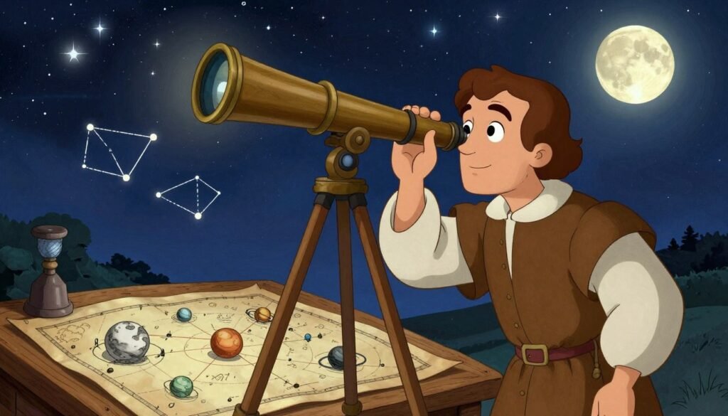 A night scene featuring Galileo Galilei, a thoughtful man in modest 17th-century attire, standing beside a wooden telescope with intricate details. In the foreground, Galileo peers through the telescope, gazing at the stars, his face illuminated by a soft, warm light that conveys curiosity and wonder. The middle ground displays a celestial map spread on a wooden table, with sketches of moons and planets. In the background, a starry sky filled with vibrant colors, highlighting constellations and a full moon, creates a sense of awe and discovery. The atmosphere is serene and contemplative, embodying the spirit of observational astronomy. The image should be colorful and friendly, emphasizing Galileo's significant contribution to science. Debsie.