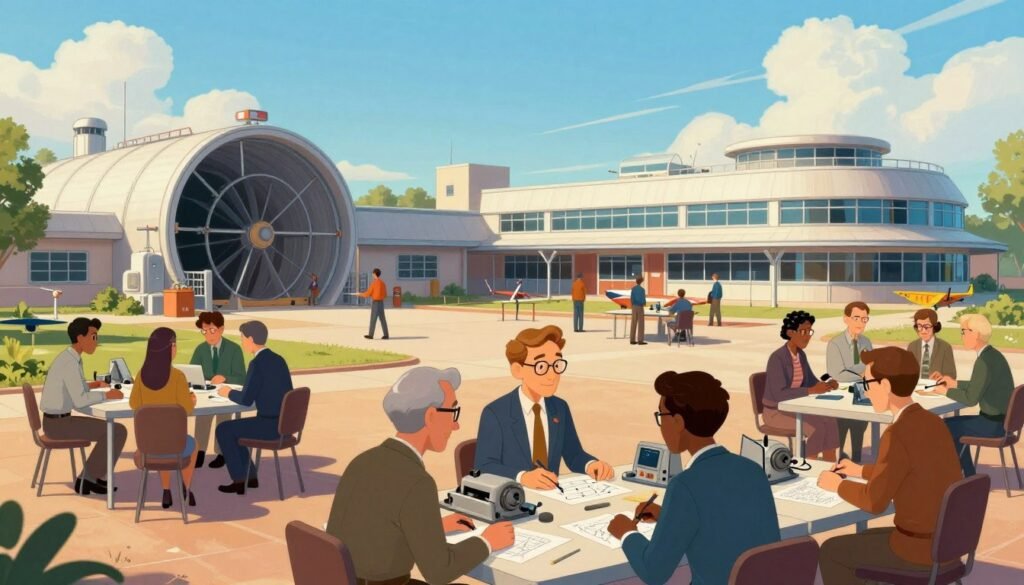 A panoramic view of NACA Langley Research Center, showcasing its iconic buildings with a retro-futuristic architectural style. In the foreground, a group of diverse scientists and mathematicians, dressed in professional business attire, engage in collaborative work at outdoor tables with machinery and graphs around them, highlighting the Human Computer Era. The middle ground features large, vintage wind tunnels and research labs, with engineers examining aircraft models. In the background, a clear blue sky transitions into clouds, symbolizing aspiration. Soft, natural sunlight casts gentle shadows, creating a welcoming and inspiring atmosphere. The colors are vivid and warm, evoking a sense of innovation and teamwork. The image should embody professionalism and creativity, branded with the logo "Debsie" subtly integrated in the corner.