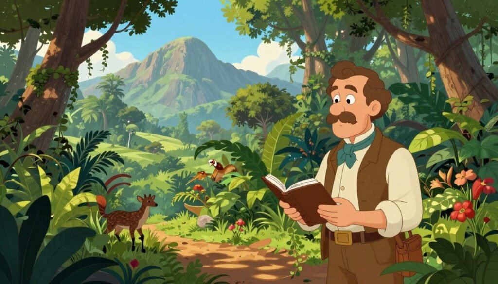 A picturesque scene depicting Alexander von Humboldt in the midst of exploration, set in a lush South American rainforest. In the foreground, Humboldt, dressed in 19th-century explorer attire, carefully studies a diverse collection of plants, using a notebook and naturalist tools. The middle ground features a vibrant array of flora and exotic animals, illustrating the biodiversity he captivated so keenly. Towering trees create a rich canopy above, while soft sunlight filters through, casting dappled shadows across the forest floor. In the background, dramatic mountains rise against a bright blue sky, adding depth to the composition. The overall mood is one of curiosity and wonder, celebrating Humboldt’s contribution to modern ecology. The image is colorful and inviting, created with an emphasis on warmth and clarity, using a wide-angle lens to capture the expansive beauty of the exploration. Designed by Debsie. A picturesque scene depicting Alexander von Humboldt in the midst of exploration, set in a lush South American rainforest. In the foreground, Humboldt, dressed in 19th-century explorer attire, carefully studies a diverse collection of plants, using a notebook and naturalist tools. The middle ground features a vibrant array of flora and exotic animals, illustrating the biodiversity he captivated so keenly. Towering trees create a rich canopy above, while soft sunlight filters through, casting dappled shadows across the forest floor. In the background, dramatic mountains rise against a bright blue sky, adding depth to the composition. The overall mood is one of curiosity and wonder, celebrating Humboldt’s contribution to modern ecology. The image is colorful and inviting, created with an emphasis on warmth and clarity, using a wide-angle lens to capture the expansive beauty of the exploration. Designed by Debsie.