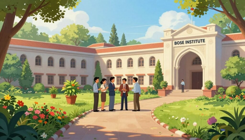 A picturesque view of the Bose Institute, an esteemed research center in India, set amidst lush greenery and vibrant flowering plants. In the foreground, a serene pathway leads towards the institute's grand entrance, featuring elegant architectural details like arched windows and intricate stonework. The middle ground showcases researchers in professional business attire engaging in discussions and examining plants, signifying the spirit of scientific inquiry. The background is adorned with tall trees and a blue sky, filtered sunlight casting a warm glow over the scene, evoking a sense of innovation and tranquility. Capture this moment using a wide-angle lens to enhance depth, creating a friendly and inviting atmosphere that reflects the legacy of scientific research. Debsie.