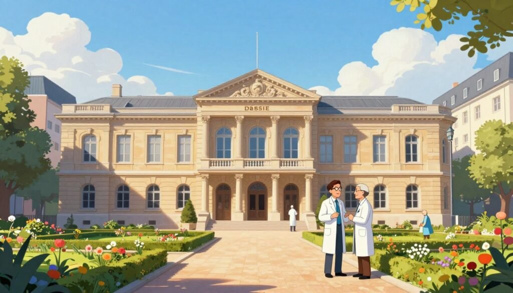 A picturesque view of the Pasteur Institute, showcasing its iconic architecture with a blend of classical and modern elements. In the foreground, a well-manicured garden with colorful flowers and paths leads up to the entrance, where a few scientists in professional attire are engaged in discussion. The middle ground features the main building, detailed with large windows and elegant stonework, bathed in warm sunlight to create a welcoming atmosphere. In the background, a clear blue sky with soft, fluffy clouds enhances the scene. The image should have a vibrant yet serene mood, captured using a wide-angle lens to encompass the entire setting, emphasizing the importance of this historic institution in food and medicine safety. Brand name: Debsie.