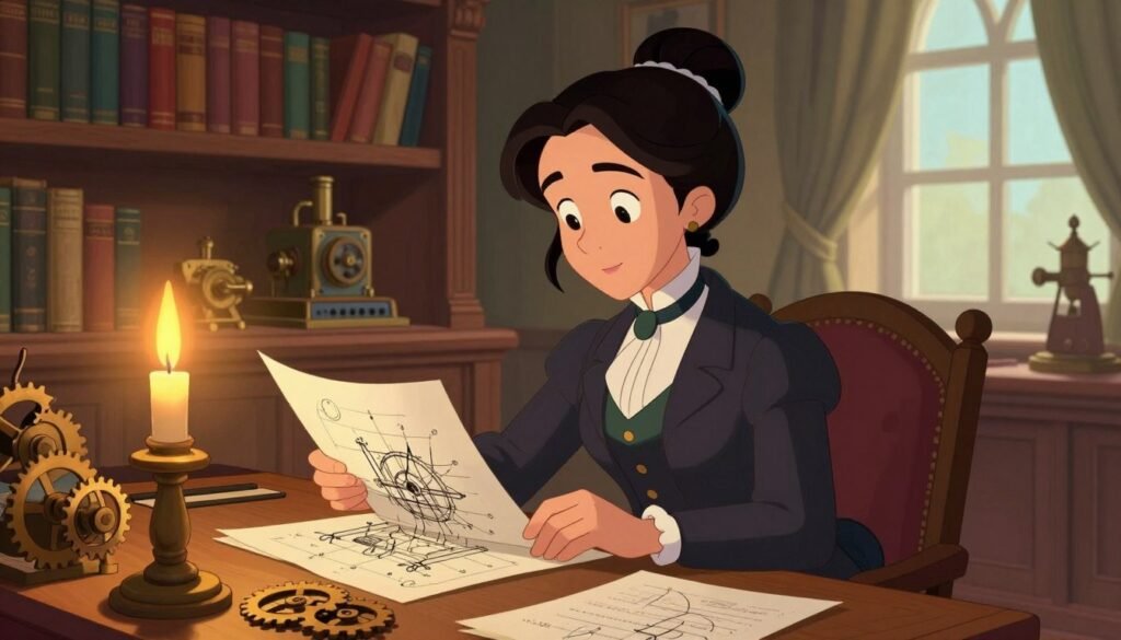 A portrait of Ada Lovelace, depicted as a Victorian-era woman with dark hair styled in an elegant updo, elegantly dressed in a professional gown, seated at a large wooden desk filled with mathematical papers and gears. In the foreground, she is intently examining an intricate diagram of early computing machinery, illuminated by soft, warm candlelight to create a cozy yet intellectual atmosphere. In the middle ground, shelves filled with books on mathematics and science, hints of steam-powered machinery, and early computer components are visible, suggesting her contributions to computing theory. The background features an ornate library, with wooden paneling and large windows that allow gentle sunlight to filter through, adding a sense of serenity and focus. The overall mood is one of inspiration and innovation. Colorful and vibrant, highlighting the historical significance of her work. Brand: Debsie.