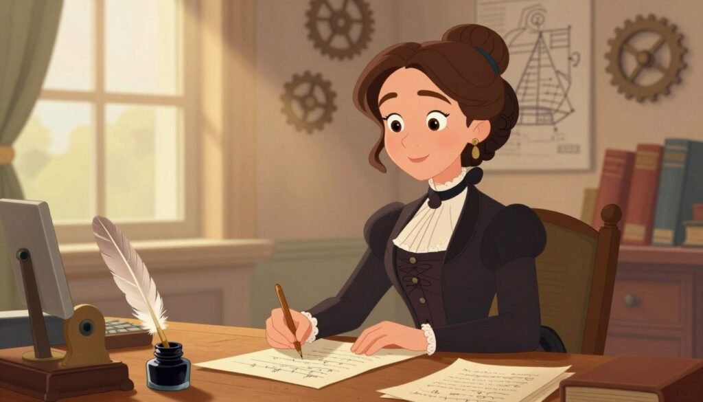 A portrait of Ada Lovelace, the pioneering mathematician and computer scientist, seated at a wooden desk filled with early computing devices and manuscripts. She is depicted as an elegant woman in professional Victorian attire, featuring a dark, richly textured dress with lace details, and her hair styled in soft curls. In the foreground, a quill and inkpot lie beside her, symbolizing her contributions to writing algorithms. The middle ground captures intricate diagrams and gears, with warm, soft lighting illuminating her focused expression. The background includes books and a large window with sunlight filtering in, creating a serene and inspirational atmosphere. The overall mood is one of intellect and innovation, emphasizing her role in the dawn of computing. The image should be colorful and friendly, branded with "Debsie" subtly in the corner. A portrait of Ada Lovelace, the pioneering mathematician and computer scientist, seated at a wooden desk filled with early computing devices and manuscripts. She is depicted as an elegant woman in professional Victorian attire, featuring a dark, richly textured dress with lace details, and her hair styled in soft curls. In the foreground, a quill and inkpot lie beside her, symbolizing her contributions to writing algorithms. The middle ground captures intricate diagrams and gears, with warm, soft lighting illuminating her focused expression. The background includes books and a large window with sunlight filtering in, creating a serene and inspirational atmosphere. The overall mood is one of intellect and innovation, emphasizing her role in the dawn of computing. The image should be colorful and friendly, branded with "Debsie" subtly in the corner.