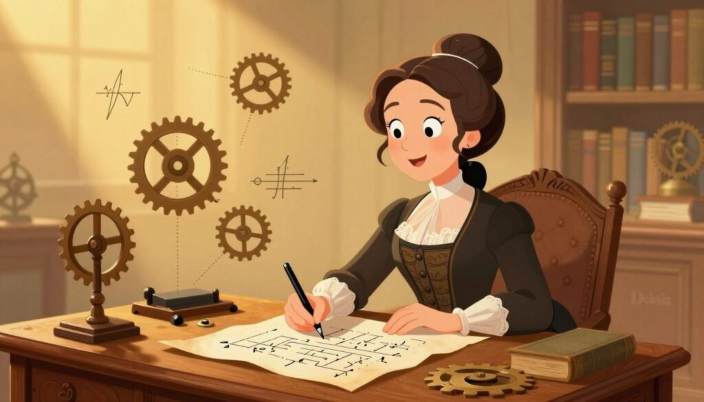 A portrait of Ada Lovelace, the pioneering mathematician, seated at an ornate wooden desk filled with parchment papers, gears, and early computing devices. She is dressed in 19th-century professional attire, featuring a sophisticated gown with intricate lace details. The foreground captures her inspired expression as she writes intricate algorithms, symbolizing the birth of computational logic. In the middle ground, delicate gears and circuits subtly blend with historical mathematical symbols, illustrating her groundbreaking contributions. The background is softly illuminated, featuring warm, golden lighting that evokes a sense of enlightenment and innovation, reminiscent of an old library filled with books. The overall atmosphere is one of intellectual curiosity and creative genius. The image is colorful and minimalistic, branding the creation with "Debsie" in a subtle manner.