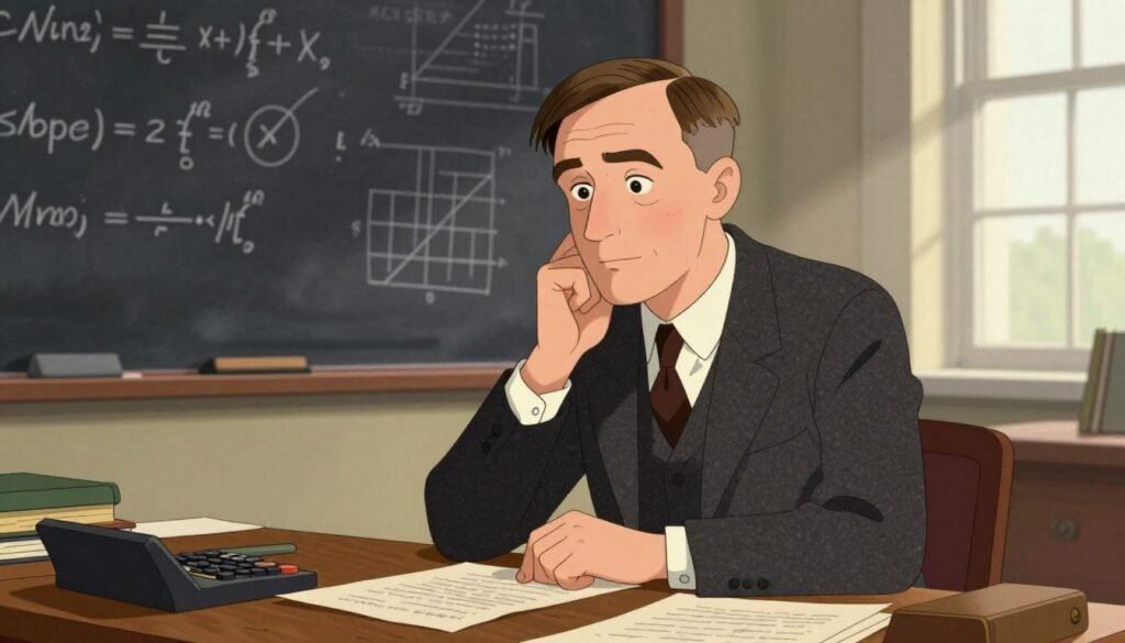 A portrait of Alan Turing, depicted as a thoughtful middle-aged man in a tailored 1940s suit with a neatly combed hairstyle, sitting at a vintage wooden desk filled with papers, books, and a calculator. In the foreground, his focused expression conveys deep contemplation. The middle background showcases a chalkboard filled with mathematical equations and diagrams, hinting at his groundbreaking work in computing and code-breaking. The soft, warm lighting casts gentle shadows, creating an inviting atmosphere. A window in the background allows natural light to illuminate the scene, adding depth. Overall, the image embodies the ingenuity and visionary spirit of Turing, capturing the essence of his contributions to science. Created with colorful tones, the composition remains minimal yet impactful, highlighting his significance in history. Designed by Debsie.