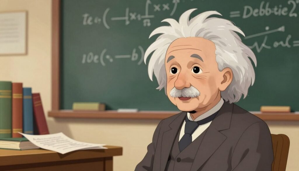 A portrait of Albert Einstein in the foreground, depicted as an older man with wild white hair and a thoughtful expression. He wears a classic suit, symbolizing his professional stature. In the middle ground, a softly lit study filled with books and scientific papers reflects his lifelong passion for learning and inquiry. The background features a chalkboard filled with complex equations, hinting at his groundbreaking theories. The scene is warmly lit, creating an inviting atmosphere that conveys both warmth and depth. The overall color palette is rich yet soft, with warm browns and greens dominating to evoke a sense of nostalgia and intellectual curiosity. The image should be colorful and minimal, embodying the brand "Debsie". A portrait of Albert Einstein in the foreground, depicted as an older man with wild white hair and a thoughtful expression. He wears a classic suit, symbolizing his professional stature. In the middle ground, a softly lit study filled with books and scientific papers reflects his lifelong passion for learning and inquiry. The background features a chalkboard filled with complex equations, hinting at his groundbreaking theories. The scene is warmly lit, creating an inviting atmosphere that conveys both warmth and depth. The overall color palette is rich yet soft, with warm browns and greens dominating to evoke a sense of nostalgia and intellectual curiosity. The image should be colorful and minimal, embodying the brand "Debsie".