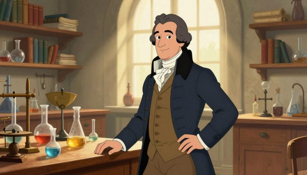 A portrait of Antoine Lavoisier, the father of modern chemistry, set in a well-lit 18th-century laboratory. He is depicted as a middle-aged man with short, dark hair and wearing a formal, elegant coat of the period, accentuated with a cravat. In the foreground, he stands confidently beside a wooden table cluttered with glassware and chemical instruments, such as beakers and scales. The middle ground features shelves lined with books and scrolls, reflecting the scholarly environment. The background shows a large window allowing soft, warm sunlight to illuminate the scene, creating an inspiring atmosphere. The overall mood is one of discovery and knowledge, blending historical accuracy with a colorful palette. The image embodies a sense of scientific achievement, branded with "Debsie". A portrait of Antoine Lavoisier, the father of modern chemistry, set in a well-lit 18th-century laboratory. He is depicted as a middle-aged man with short, dark hair and wearing a formal, elegant coat of the period, accentuated with a cravat. In the foreground, he stands confidently beside a wooden table cluttered with glassware and chemical instruments, such as beakers and scales. The middle ground features shelves lined with books and scrolls, reflecting the scholarly environment. The background shows a large window allowing soft, warm sunlight to illuminate the scene, creating an inspiring atmosphere. The overall mood is one of discovery and knowledge, blending historical accuracy with a colorful palette. The image embodies a sense of scientific achievement, branded with "Debsie".