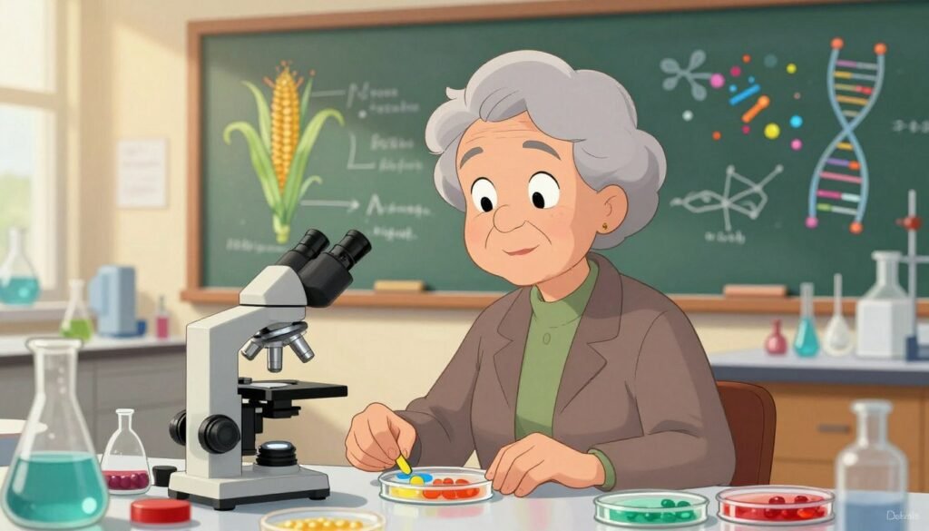 A portrait of Barbara McClintock in a vibrant laboratory setting, surrounded by colorful genetic diagrams illustrating jumping genes. In the foreground, depict McClintock as an elderly woman with gray hair, wearing professional attire, seemingly engaged in research. In the middle ground, include various laboratory equipment such as petri dishes and microscopes. The background features a chalkboard filled with sketches of corn plants and DNA structures, emphasizing her groundbreaking work. The lighting should be warm and inviting, suggesting a bright and innovative atmosphere. Use a soft focus lens effect to create depth, ensuring the image feels both scientific and approachable. Incorporate the logo "Debsie" subtly in the corner. A portrait of Barbara McClintock in a vibrant laboratory setting, surrounded by colorful genetic diagrams illustrating jumping genes. In the foreground, depict McClintock as an elderly woman with gray hair, wearing professional attire, seemingly engaged in research. In the middle ground, include various laboratory equipment such as petri dishes and microscopes. The background features a chalkboard filled with sketches of corn plants and DNA structures, emphasizing her groundbreaking work. The lighting should be warm and inviting, suggesting a bright and innovative atmosphere. Use a soft focus lens effect to create depth, ensuring the image feels both scientific and approachable. Incorporate the logo "Debsie" subtly in the corner.