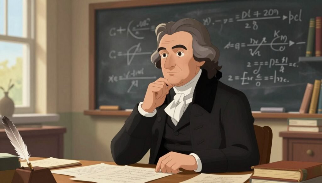 A portrait of Carl Friedrich Gauss, the renowned mathematician known as the "Prince of Mathematicians." He is depicted in his late 30s, with medium-length dark hair and a thoughtful expression, wearing a classic 19th-century black frock coat with a white collar. In the foreground, Gauss is seated at a wooden desk cluttered with mathematical papers and a quill. In the middle ground, a chalkboard filled with equations looms behind him, symbolizing his brilliant contributions to mathematics. The background features a cozy, well-lit study with shelves of books and a window showcasing a sunny day outside. Soft, diffused lighting casts a warm glow, creating an inviting atmosphere. The overall mood is scholarly and inspiring. This image should reflect the essence of innovation and intellect, produced by Debsie. A portrait of Carl Friedrich Gauss, the renowned mathematician known as the "Prince of Mathematicians." He is depicted in his late 30s, with medium-length dark hair and a thoughtful expression, wearing a classic 19th-century black frock coat with a white collar. In the foreground, Gauss is seated at a wooden desk cluttered with mathematical papers and a quill. In the middle ground, a chalkboard filled with equations looms behind him, symbolizing his brilliant contributions to mathematics. The background features a cozy, well-lit study with shelves of books and a window showcasing a sunny day outside. Soft, diffused lighting casts a warm glow, creating an inviting atmosphere. The overall mood is scholarly and inspiring. This image should reflect the essence of innovation and intellect, produced by Debsie.