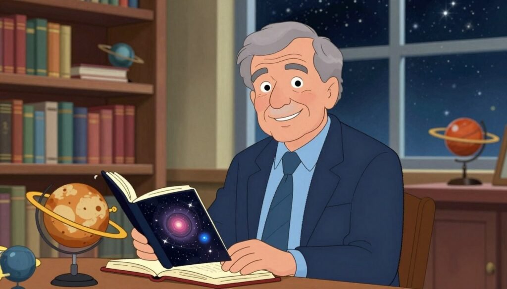 A portrait of Carl Sagan, an iconic astrophysicist and science communicator, sitting in a cozy library filled with books about space and science. He is depicted as an older man with a warm smile, wearing a professional navy blazer and a light blue shirt, with a subtle tie. In the foreground, Sagan is resting his hands on an open book about the cosmos, with a model of the solar system beside him. The middle ground features shelves overflowing with scientific literature and astronomy models. The background showcases a large window revealing a starry night sky, creating a sense of wonder and curiosity. Soft, warm lighting illuminates the scene, evoking an inviting and inspirational atmosphere. The image should be colorful, helpful, and friendly in style, embodying the spirit of popular science, branded with "Debsie".