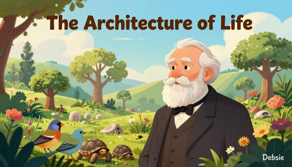A portrait of Charles Darwin, depicted as a wise, elderly scientist with a thoughtful expression, wearing a classic suit with a bow tie, set in a lush, vibrant botanical garden. In the foreground, he is surrounded by a variety of species, such as finches and tortoises, symbolizing evolution. In the middle ground, detailed illustrations of branching trees and fossils intertwine with colorful flowers. The background consists of a soft-focus depiction of rolling hills under a bright, blue sky with fluffy clouds, evoking a sense of exploration and discovery. The lighting is warm and inviting, capturing the essence of a sunny day. The overall mood is inspirational and reflective, embodying the theme of "The Architecture of Life." Captured in a soft lens, with a focus on harmony and interconnectedness. Designed for "Debsie." A portrait of Charles Darwin, depicted as a wise, elderly scientist with a thoughtful expression, wearing a classic suit with a bow tie, set in a lush, vibrant botanical garden. In the foreground, he is surrounded by a variety of species, such as finches and tortoises, symbolizing evolution. In the middle ground, detailed illustrations of branching trees and fossils intertwine with colorful flowers. The background consists of a soft-focus depiction of rolling hills under a bright, blue sky with fluffy clouds, evoking a sense of exploration and discovery. The lighting is warm and inviting, capturing the essence of a sunny day. The overall mood is inspirational and reflective, embodying the theme of "The Architecture of Life." Captured in a soft lens, with a focus on harmony and interconnectedness. Designed for "Debsie."
