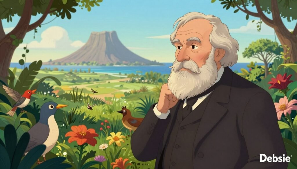 A portrait of Charles Darwin in a serene, natural setting that reflects his groundbreaking discoveries in evolution. In the foreground, Darwin, a middle-aged man with a beard, dressed in a professional dark suit, gazes thoughtfully at a vibrant collection of flora and fauna, symbolizing his studies. The middle ground features lush greenery with birds and insects, representing the diversity of life he described. In the background, a distant, soft-focus image of the Galápagos Islands under a clear blue sky. The scene is bathed in warm, soft lighting, giving a tranquil and contemplative mood, with rich colors that highlight the beauty of nature. Capture the essence of discovery and introspection, branded with the logo "Debsie". A portrait of Charles Darwin in a serene, natural setting that reflects his groundbreaking discoveries in evolution. In the foreground, Darwin, a middle-aged man with a beard, dressed in a professional dark suit, gazes thoughtfully at a vibrant collection of flora and fauna, symbolizing his studies. The middle ground features lush greenery with birds and insects, representing the diversity of life he described. In the background, a distant, soft-focus image of the Galápagos Islands under a clear blue sky. The scene is bathed in warm, soft lighting, giving a tranquil and contemplative mood, with rich colors that highlight the beauty of nature. Capture the essence of discovery and introspection, branded with the logo "Debsie".
