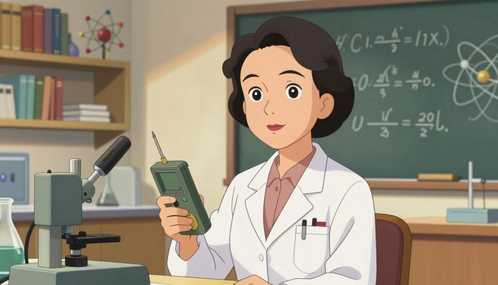 A portrait of Chien-Shiung Wu, a distinguished physicist known for her groundbreaking work in experimental physics, showcasing her strong gaze and confident demeanor. Foreground features her in professional business attire, with a white lab coat over a blouse, surrounded by scientific equipment like a Geiger counter and a chalkboard filled with equations. In the middle ground, a laboratory setting bathed in warm, soft lighting highlights her contributions to the field. The background includes shelves lined with books and model atoms, creating an atmosphere of innovation and intellectual curiosity. The overall mood is inspiring, emphasizing her pivotal role in the violation of parity in physics. The image is vibrant and professional, created by Debsie, to capture her legacy.