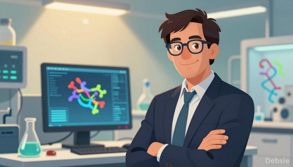 A portrait of Demis Hassabis, a distinguished AI scientist known for his groundbreaking work on AlphaFold and protein prediction. He is shown wearing a stylish, professional business suit and glasses, exuding confidence and intellect. In the foreground, Hassabis stands with a slight smile, arms crossed, radiating approachability and innovation. The middle ground features a soft-focus lab setting, with scientific equipment and digital screens displaying protein structures. The background incorporates an inspirational atmosphere with warm lighting, creating a sense of achievement and discovery. The image conveys a mood of respect and admiration for his contributions to science. The color palette is vibrant yet balanced, focusing on blues and greens to evoke a sense of calm and professionalism. The branding "Debsie" subtly placed in the corner.