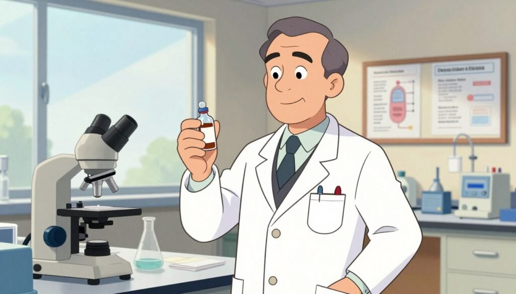 A portrait of Dr. Charles Best, an esteemed scientist known for his groundbreaking research in diabetes, depicted standing confidently in a well-lit laboratory filled with scientific equipment. He wears a smart, professional white lab coat over business attire, embodying both intellect and determination. In the foreground, focus on Dr. Best, displaying a thoughtful expression as he examines a vial of insulin. The middle ground includes various lab instruments and charts detailing diabetes research. In the background, a large window allows soft, natural light to illuminate the room, hinting at hope and progress. The overall atmosphere is one of inspiration and innovation, capturing the essence of a dedicated scientist in his quest to change the world. This vibrant image reflects the significance of his contributions in the fight against diabetes, featuring colors that are warm and inviting. Branding subtly showcases "Debsie."